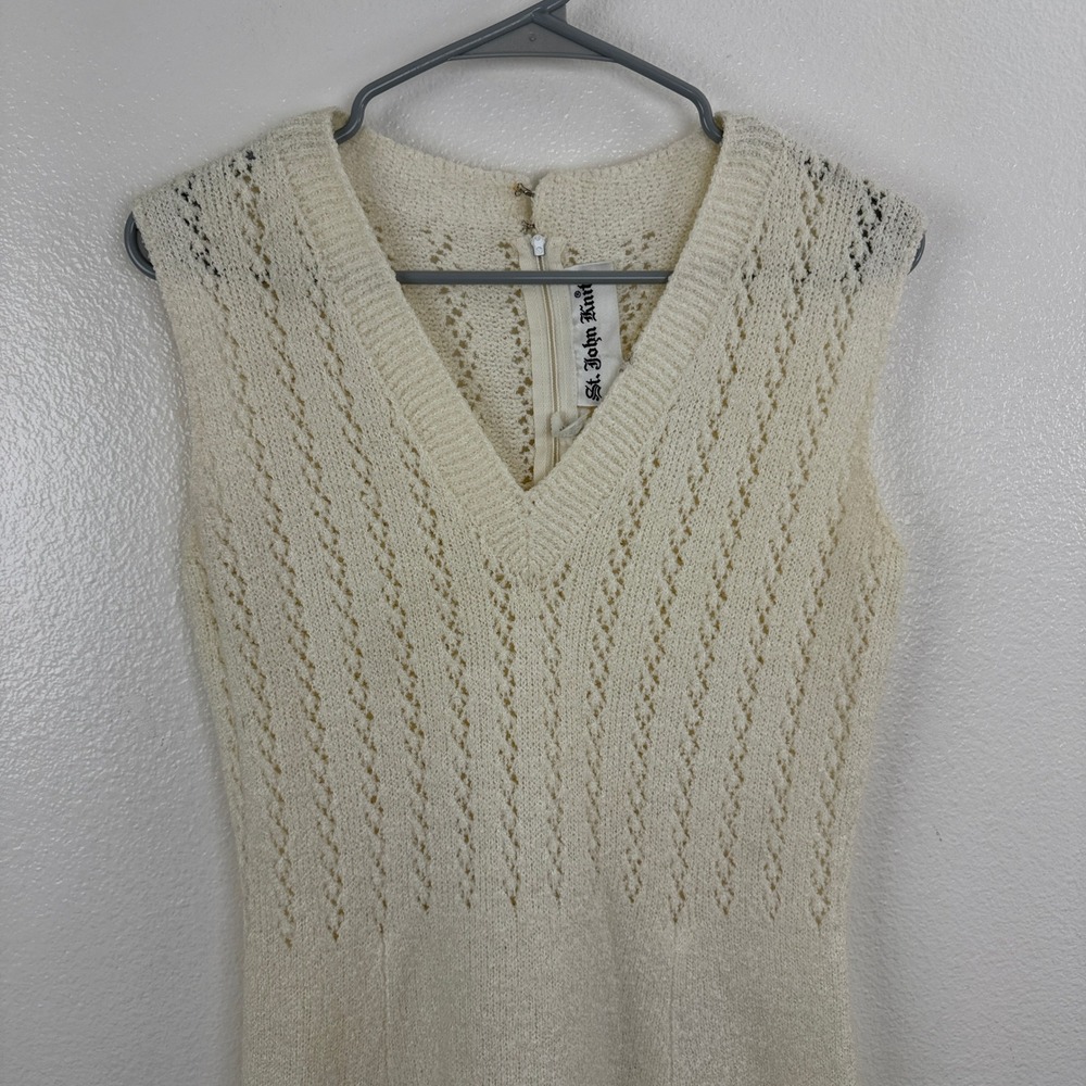 St. John Knits Dress Womens Cream Ivory Vintage Pointelle Sleeveless V-Neck FLAW - Picture 2 of 14